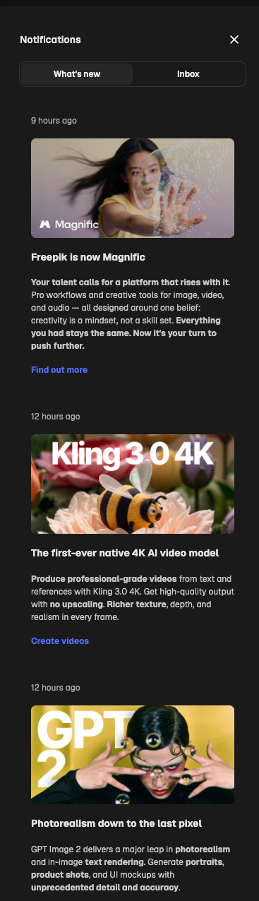Magnific notification panel — full feed